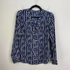 Express Womens Small Navy White Rope Print Shirt Roll Tab Sleeve Blouse V Neck